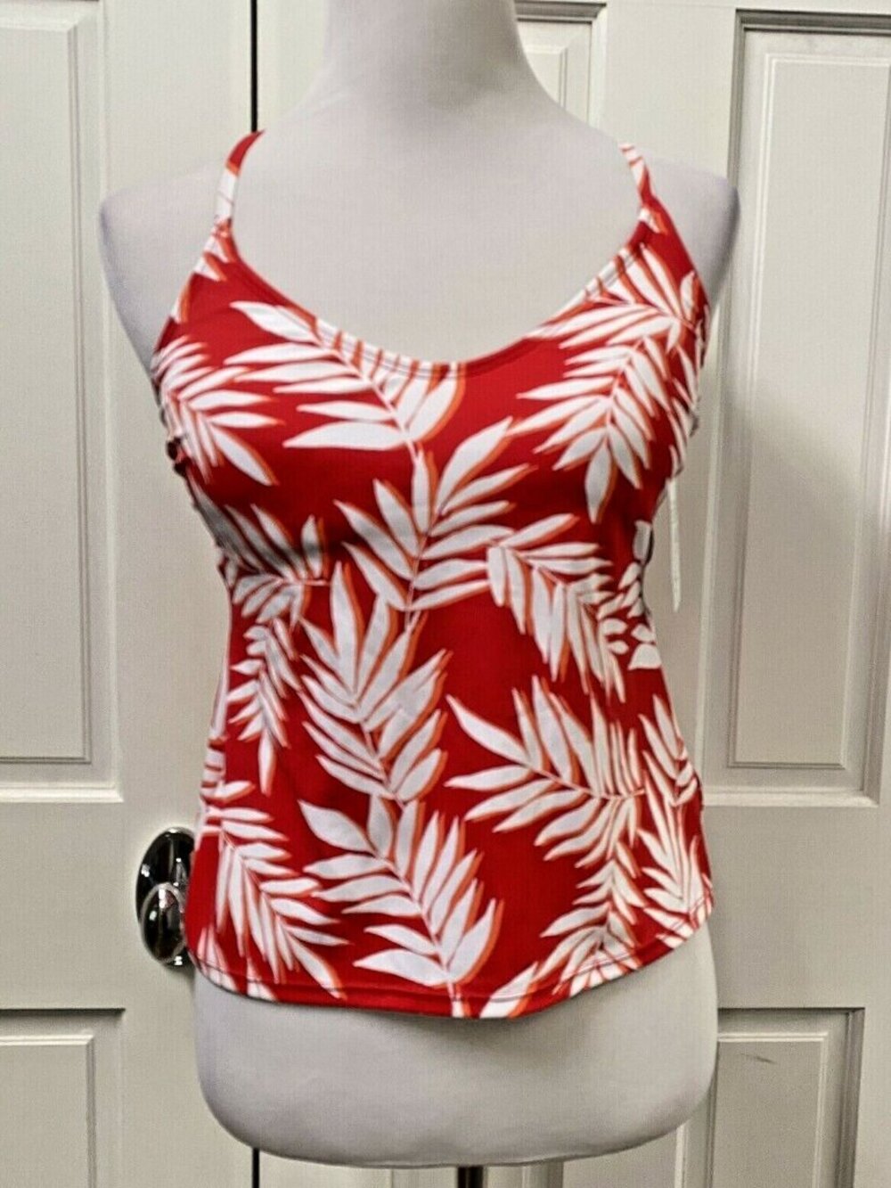 Red‎ White Tropical Print  Strappy Back Tankini Top Size S Swim Suit Top